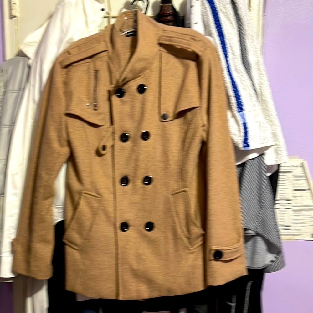 Warm , colorful, cashmere double breasted jacket , with standing color or open